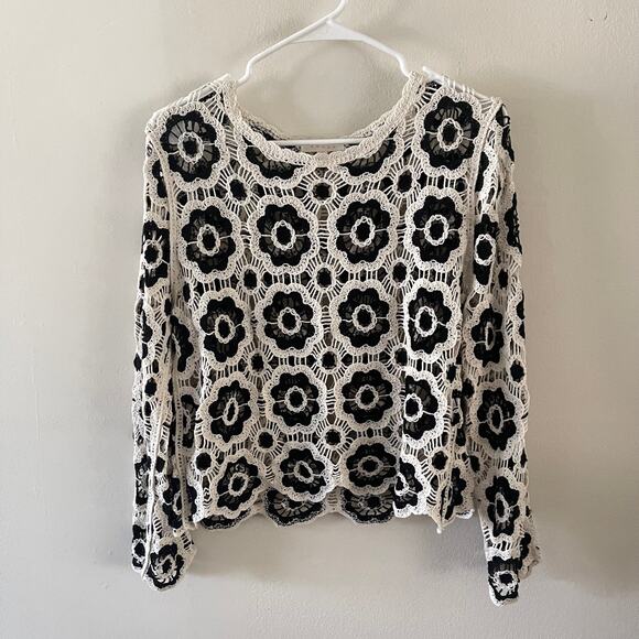Adiva Tops - Adiva Black Cream Floral Long Sleeve Crochet Top Women Size Large Boho Chic